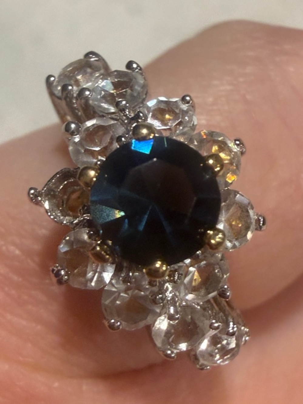Gold Electroplate Blue Crystal Flower Ring